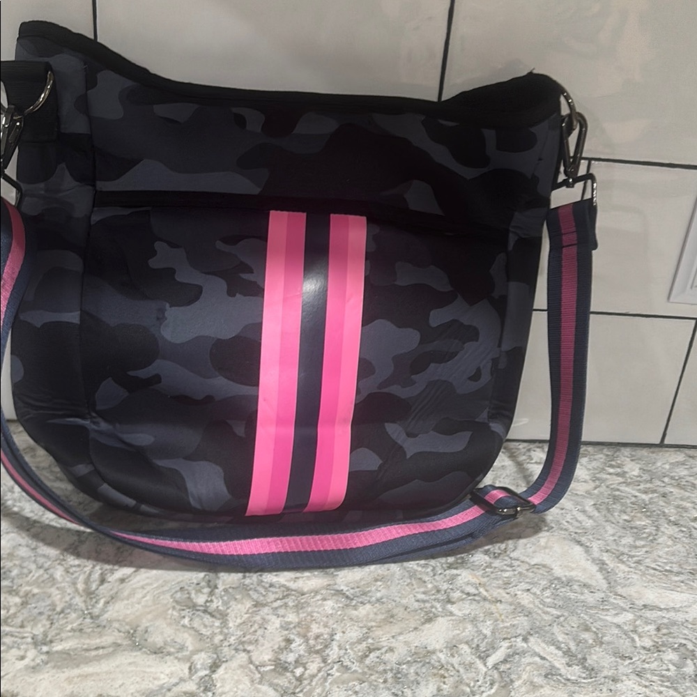 Camo Crossbody Bag with Pink Stripes